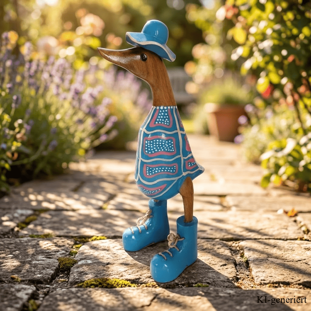 In 2026 ganz neu eingetroffen ist die Australische Bambusente mit Hut und Schuhen in blau. Die Bemalung erinnert an die traditionellen Körperbemalungen der australischen Ureinwohner, der Aborigines. Wunderschöne Deko aus Bambuswurzel. Jedes Teil handgefertigt und ein Unikat aus Bali / Indonesien. Ein Hingucker für Drinnen und Draußen. 
Zudem stehen die Enten aus Bambus für Familie, Treue & Liebe und Holz für Wachstum. So macht es sie dadurch auch zu einem bedeutungsvollen Geschenk für einen lieben  Menschen