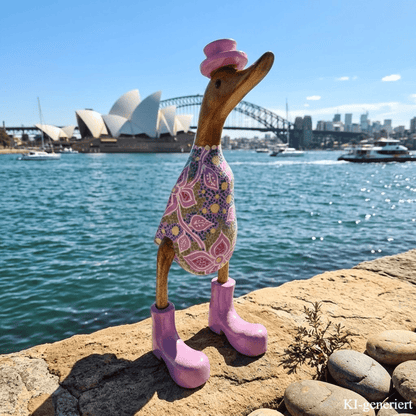 In 2026 ganz neu eingetroffen ist die Australische Bambusente mit Hut und Schuhen in lila. Jede dieser Enten ist mit einem ganz individuellen Muster verziert. Keine gleicht der anderen.
Wunderschöne Deko aus Bambuswurzel. Jedes Teil handgefertigt und ein Unikat aus Bali / Indonesien. Ein Hingucker für Drinnen und Draußen.
Zudem stehen die Enten aus Bambus für Familie, Treue & Liebe und Holz für Wachstum. So macht es sie dadurch auch zu einem bedeutungsvollen Geschenk für einen lieben Menschen.