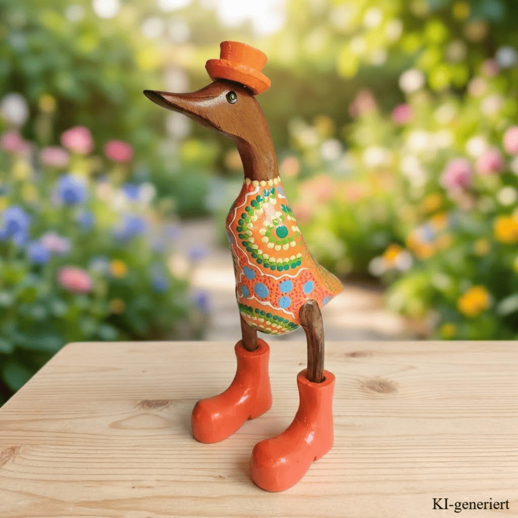 In 2026 ganz neu eingetroffen ist die Australische Bambusente mit Hut und Schuhen in orange. Jede dieser Enten ist mit einem ganz individuellen Muster verziert. Keine gleicht der anderen.
Wunderschöne Deko aus Bambuswurzel. Jedes Teil handgefertigt und ein Unikat aus Bali / Indonesien. Ein Hingucker für Drinnen und Draußen.
Zudem stehen die Enten aus Bambus für Familie, Treue & Liebe und Holz für Wachstum. So macht es sie dadurch auch zu einem bedeutungsvollen Geschenk für einen lieben Menschen.