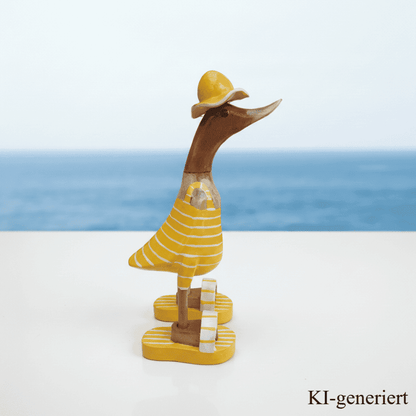 Bambusente im gelbem Badeanzug mit weißen Streifen, Sonnenhut und Flip Flops - Höhe ca. 25 cm. 
Wunderschöne Deko aus Bambuswurzel. Jedes Teil handgefertigt und ein Unikat. Ein Hingucker für Drinnen und Draußen. 
Bambusente mit Badeanzug, Sonnenhut und Flip Flops / gelb mit weißen Streifen - Farbe: natur / gelb / weiß - Material: Bambus - Maße: Höhe 25 cm - Ursprung: Indonesien. Bild ist KI-generiert