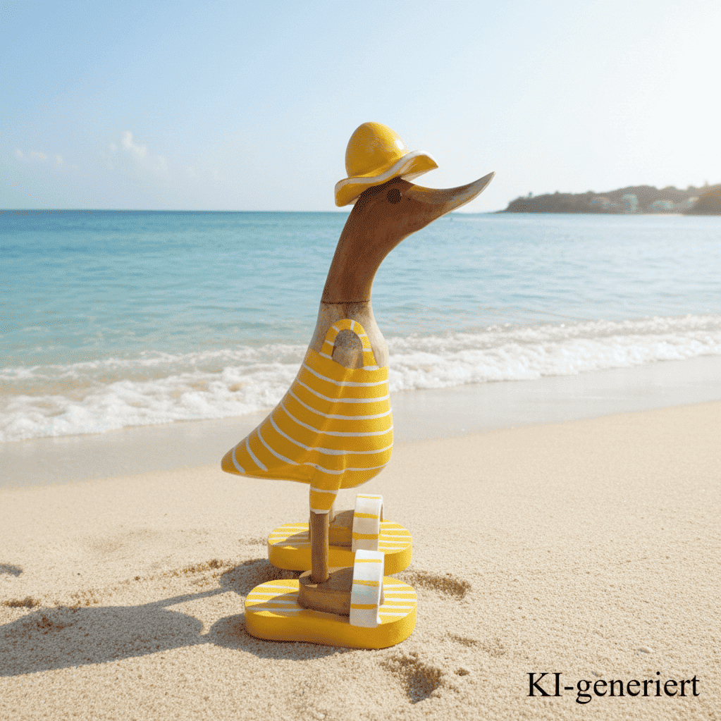 Bambusente im gelbem Badeanzug mit weißen Streifen, Sonnenhut und Flip Flops - Höhe ca. 25 cm. 
Wunderschöne Deko aus Bambuswurzel. Jedes Teil handgefertigt und ein Unikat. Ein Hingucker für Drinnen und Draußen. 
Bambusente mit Badeanzug, Sonnenhut und Flip Flops / gelb mit weißen Streifen - Farbe: natur / gelb / weiß - Material: Bambus - Maße: Höhe 25 cm - Ursprung: Indonesien. Bild ist KI-generiert