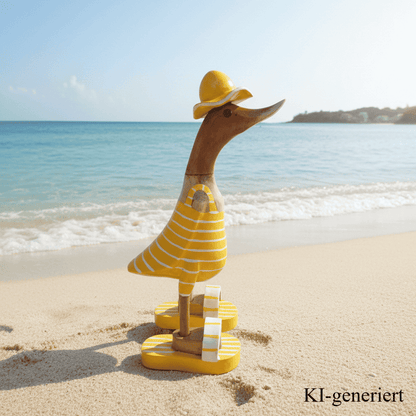 Bambusente im gelbem Badeanzug mit weißen Streifen, Sonnenhut und Flip Flops - Höhe ca. 25 cm. 
Wunderschöne Deko aus Bambuswurzel. Jedes Teil handgefertigt und ein Unikat. Ein Hingucker für Drinnen und Draußen. 
Bambusente mit Badeanzug, Sonnenhut und Flip Flops / gelb mit weißen Streifen - Farbe: natur / gelb / weiß - Material: Bambus - Maße: Höhe 25 cm - Ursprung: Indonesien. Bild ist KI-generiert