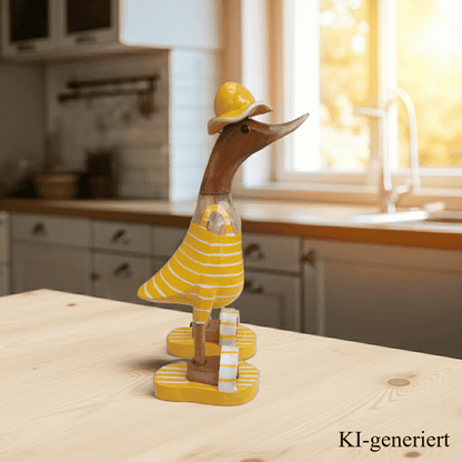 Bambusente im gelbem Badeanzug mit weißen Streifen, Sonnenhut und Flip Flops - Höhe ca. 25 cm. 
Wunderschöne Deko aus Bambuswurzel. Jedes Teil handgefertigt und ein Unikat. Ein Hingucker für Drinnen und Draußen. 
Bambusente mit Badeanzug, Sonnenhut und Flip Flops / gelb mit weißen Streifen - Farbe: natur / gelb / weiß - Material: Bambus - Maße: Höhe 25 cm - Ursprung: Indonesien. Bild ist KI-generiert