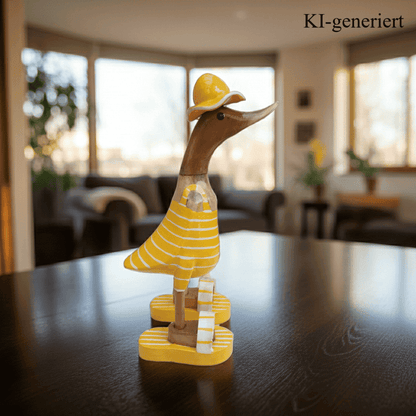 Bambusente im gelbem Badeanzug mit weißen Streifen, Sonnenhut und Flip Flops - Höhe ca. 25 cm. 
Wunderschöne Deko aus Bambuswurzel. Jedes Teil handgefertigt und ein Unikat. Ein Hingucker für Drinnen und Draußen. 
Bambusente mit Badeanzug, Sonnenhut und Flip Flops / gelb mit weißen Streifen - Farbe: natur / gelb / weiß - Material: Bambus - Maße: Höhe 25 cm - Ursprung: Indonesien. Bild ist KI-generiert