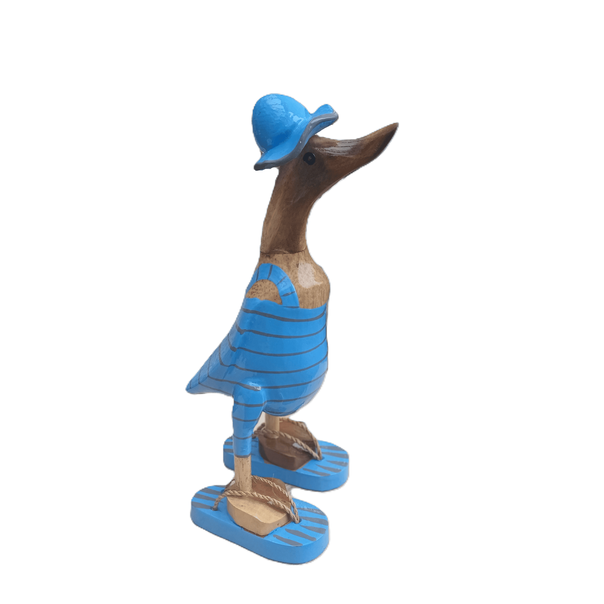Bambusente im hellblauen Badeanzug mit grauen Streifen, Sonnenhut und Flip Flops - Höhe ca. 25 cm.  Wunderschöne Deko aus Bambuswurzel. Jedes Teil handgefertigt und ein Unikat. Ein Hingucker für Drinnen und Draußen. 
Bambusente mit Badeanzug, Sonnenhut und Flip Flops / hellblau mit grauen Streifen - Farbe: natur / hellblau / grau - Material: Bambus - Maße: Höhe 25 cm - Ursprung: Indonesien. 