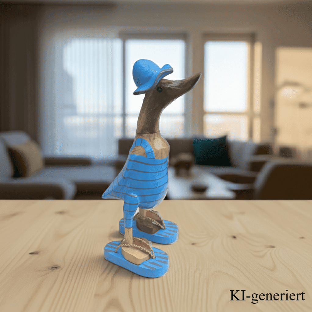 Bambusente im hellblauen Badeanzug mit grauen Streifen, Sonnenhut und Flip Flops - Höhe ca. 25 cm.  Wunderschöne Deko aus Bambuswurzel. Jedes Teil handgefertigt und ein Unikat. Ein Hingucker für Drinnen und Draußen. 
Bambusente mit Badeanzug, Sonnenhut und Flip Flops / hellblau mit grauen Streifen - Farbe: natur / hellblau / grau - Material: Bambus - Maße: Höhe 25 cm - Ursprung: Indonesien. Das Bild ist KI-generiert.