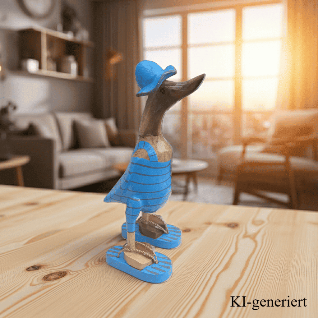 Bambusente im hellblauen Badeanzug mit grauen Streifen, Sonnenhut und Flip Flops - Höhe ca. 25 cm.  Wunderschöne Deko aus Bambuswurzel. Jedes Teil handgefertigt und ein Unikat. Ein Hingucker für Drinnen und Draußen. 
Bambusente mit Badeanzug, Sonnenhut und Flip Flops / hellblau mit grauen Streifen - Farbe: natur / hellblau / grau - Material: Bambus - Maße: Höhe 25 cm - Ursprung: Indonesien. Das Bild ist KI-generiert.