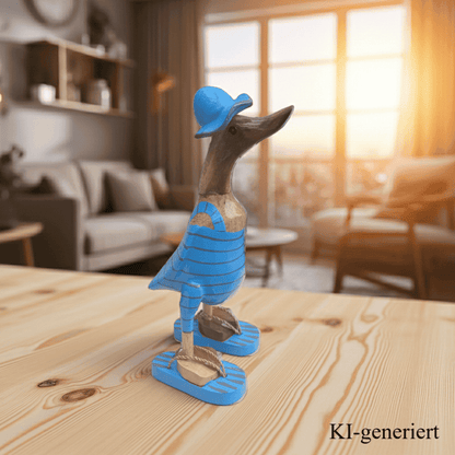 Bambusente im hellblauen Badeanzug mit grauen Streifen, Sonnenhut und Flip Flops - Höhe ca. 25 cm.  Wunderschöne Deko aus Bambuswurzel. Jedes Teil handgefertigt und ein Unikat. Ein Hingucker für Drinnen und Draußen. 
Bambusente mit Badeanzug, Sonnenhut und Flip Flops / hellblau mit grauen Streifen - Farbe: natur / hellblau / grau - Material: Bambus - Maße: Höhe 25 cm - Ursprung: Indonesien. Das Bild ist KI-generiert.