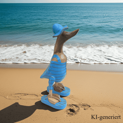 Bambusente im hellblauen Badeanzug mit grauen Streifen, Sonnenhut und Flip Flops - Höhe ca. 25 cm.  Wunderschöne Deko aus Bambuswurzel. Jedes Teil handgefertigt und ein Unikat. Ein Hingucker für Drinnen und Draußen. 
Bambusente mit Badeanzug, Sonnenhut und Flip Flops / hellblau mit grauen Streifen - Farbe: natur / hellblau / grau - Material: Bambus - Maße: Höhe 25 cm - Ursprung: Indonesien. Das Bild ist KI-generiert.