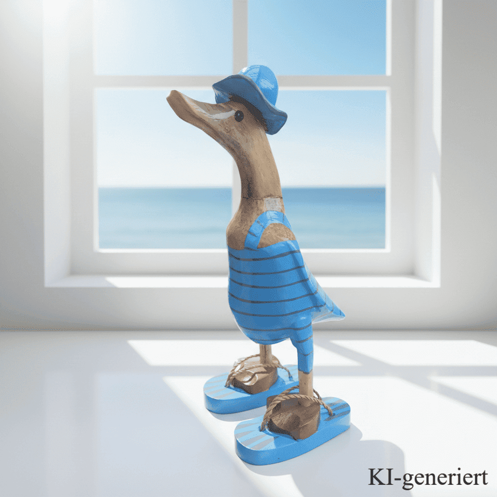 Bambusente im hellblauen Badeanzug mit grauen Streifen, Sonnenhut und Flip Flops - Höhe ca. 25 cm.  Wunderschöne Deko aus Bambuswurzel. Jedes Teil handgefertigt und ein Unikat. Ein Hingucker für Drinnen und Draußen. 
Bambusente mit Badeanzug, Sonnenhut und Flip Flops / hellblau mit grauen Streifen - Farbe: natur / hellblau / grau - Material: Bambus - Maße: Höhe 25 cm - Ursprung: Indonesien. Das Bild ist KI-generiert.