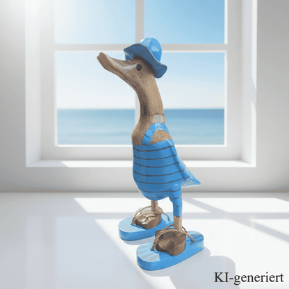 Bambusente im hellblauen Badeanzug mit grauen Streifen, Sonnenhut und Flip Flops - Höhe ca. 25 cm.  Wunderschöne Deko aus Bambuswurzel. Jedes Teil handgefertigt und ein Unikat. Ein Hingucker für Drinnen und Draußen. 
Bambusente mit Badeanzug, Sonnenhut und Flip Flops / hellblau mit grauen Streifen - Farbe: natur / hellblau / grau - Material: Bambus - Maße: Höhe 25 cm - Ursprung: Indonesien. Das Bild ist KI-generiert.