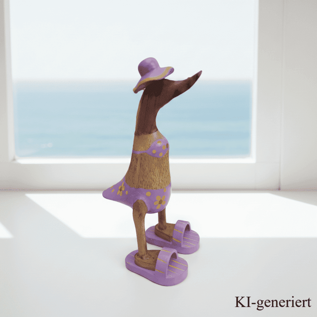 Ente aus Bambus im flieder Blümchen Bikini, mit Flip Flops und Sonnenhut - Höhe ca. 25 cm. 
Wunderschöne Deko aus Bambuswurzel. Jedes Teil handgefertigt und ein Unikat. Ein Hingucker für Drinnen und Draußen. 
Ente im flieder Blümchen Bikini mit Sonnenhut und Flip Flops - Farbe: natur / weiß / gelb / flieder - Material: Bambus - Maße: Höhe 25 cm - Ursprung: Indonesien - Das Bild ist KI-generiert