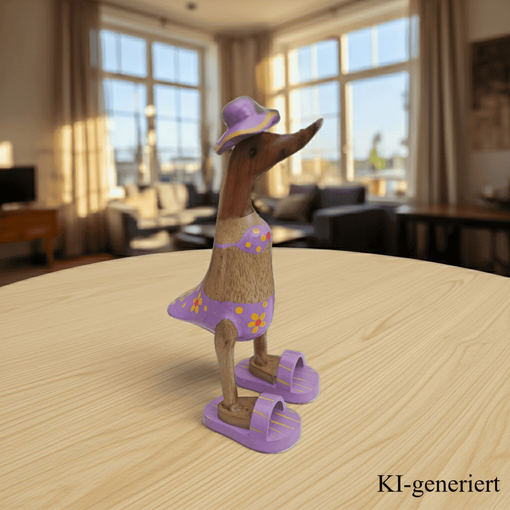 Ente aus Bambus im flieder Blümchen Bikini, mit Flip Flops und Sonnenhut - Höhe ca. 25 cm. 
Wunderschöne Deko aus Bambuswurzel. Jedes Teil handgefertigt und ein Unikat. Ein Hingucker für Drinnen und Draußen. 
Ente im flieder Blümchen Bikini mit Sonnenhut und Flip Flops - Farbe: natur / weiß / gelb / flieder - Material: Bambus - Maße: Höhe 25 cm - Ursprung: Indonesien - Das Bild ist KI-generiert