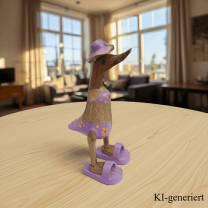 Ente aus Bambus im flieder Blümchen Bikini, mit Flip Flops und Sonnenhut - Höhe ca. 25 cm. 
Wunderschöne Deko aus Bambuswurzel. Jedes Teil handgefertigt und ein Unikat. Ein Hingucker für Drinnen und Draußen. 
Ente im flieder Blümchen Bikini mit Sonnenhut und Flip Flops - Farbe: natur / weiß / gelb / flieder - Material: Bambus - Maße: Höhe 25 cm - Ursprung: Indonesien - Das Bild ist KI-generiert