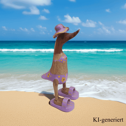Ente aus Bambus im flieder Blümchen Bikini, mit Flip Flops und Sonnenhut - Höhe ca. 25 cm. 
Wunderschöne Deko aus Bambuswurzel. Jedes Teil handgefertigt und ein Unikat. Ein Hingucker für Drinnen und Draußen. 
Ente im flieder Blümchen Bikini mit Sonnenhut und Flip Flops - Farbe: natur / weiß / gelb / flieder - Material: Bambus - Maße: Höhe 25 cm - Ursprung: Indonesien - Das Bild ist KI-generiert