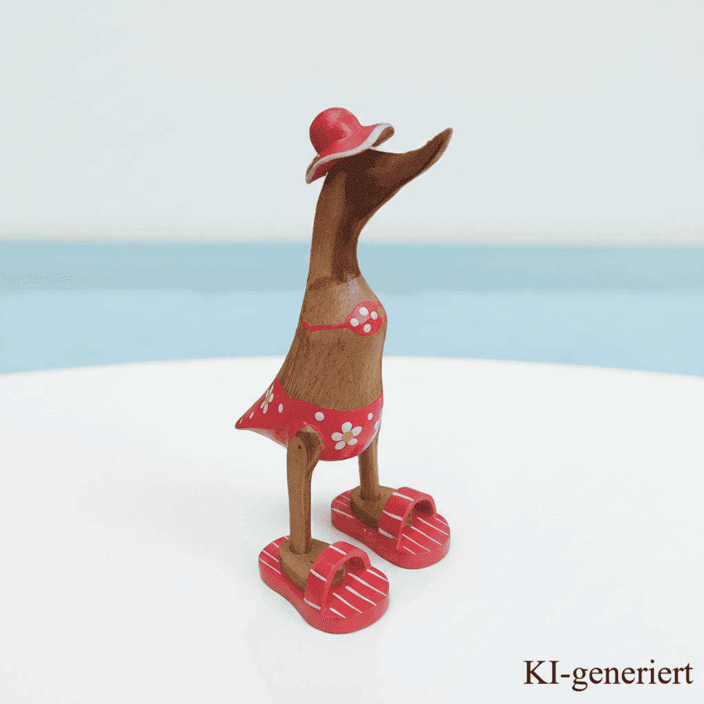 Ente aus Bambus im roten Blümchen Bikini, mit Flip Flops und Sonnenhut - Höhe ca. 25 cm. Wunderschöne Deko aus Bambuswurzel. Jedes Teil handgefertigt und ein Unikat. Ein Hingucker für Drinnen und Draußen. 
Ente im roten Blümchen Bikini mit Sonnenhut und Flip Flops - Farbe: natur / weiß / gelb / rot - Material: Bambus - 
Maße: Höhe 25 cm - Ursprung: Indonesien - Das Bild ist KI-generiert