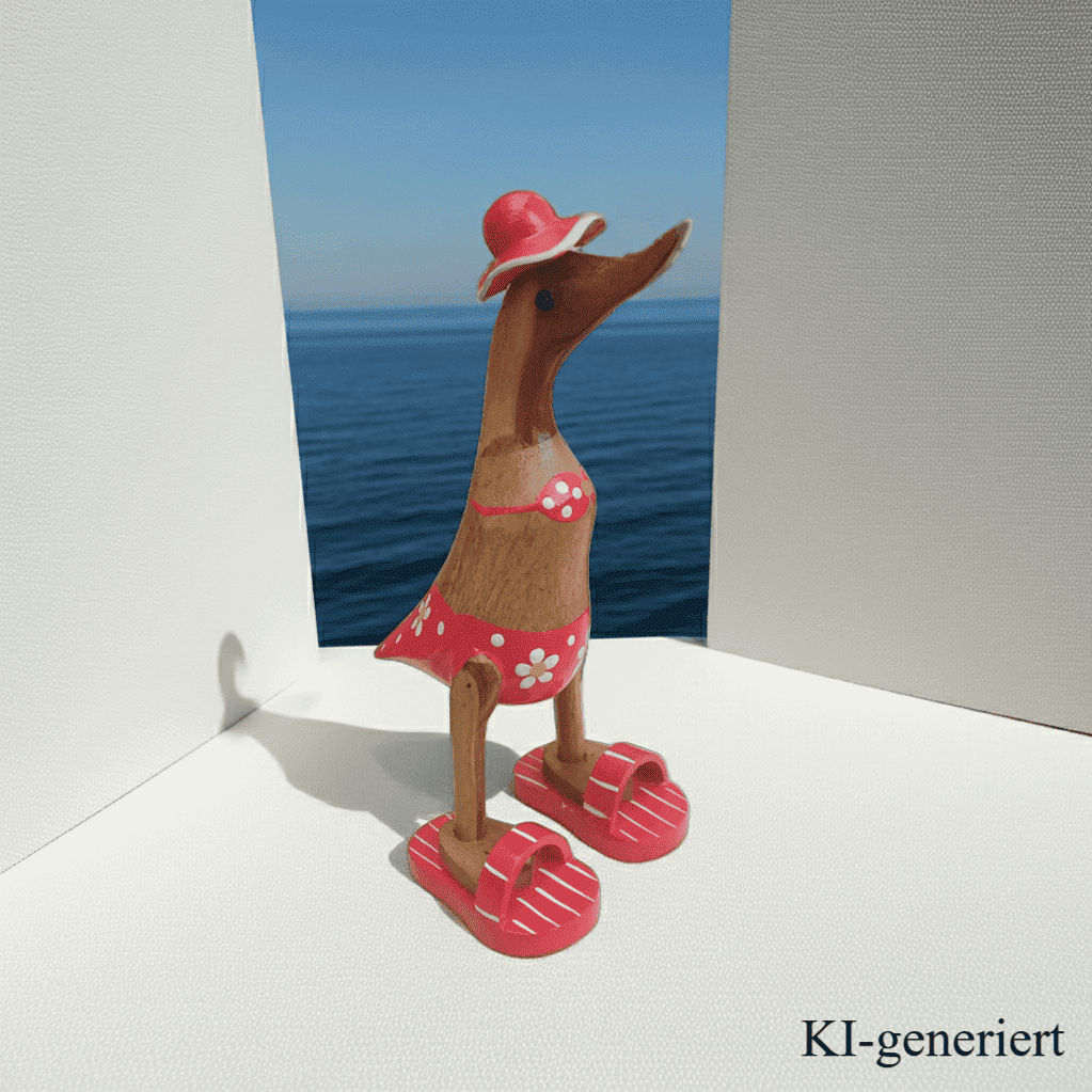 Ente aus Bambus im roten Blümchen Bikini, mit Flip Flops und Sonnenhut - Höhe ca. 25 cm. Wunderschöne Deko aus Bambuswurzel. Jedes Teil handgefertigt und ein Unikat. Ein Hingucker für Drinnen und Draußen. 
Ente im roten Blümchen Bikini mit Sonnenhut und Flip Flops - Farbe: natur / weiß / gelb / rot - Material: Bambus - 
Maße: Höhe 25 cm - Ursprung: Indonesien - Das Bild ist KI-generiert