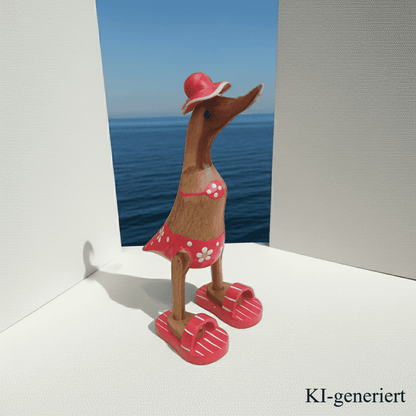 Ente aus Bambus im roten Blümchen Bikini, mit Flip Flops und Sonnenhut - Höhe ca. 25 cm. Wunderschöne Deko aus Bambuswurzel. Jedes Teil handgefertigt und ein Unikat. Ein Hingucker für Drinnen und Draußen. 
Ente im roten Blümchen Bikini mit Sonnenhut und Flip Flops - Farbe: natur / weiß / gelb / rot - Material: Bambus - 
Maße: Höhe 25 cm - Ursprung: Indonesien - Das Bild ist KI-generiert