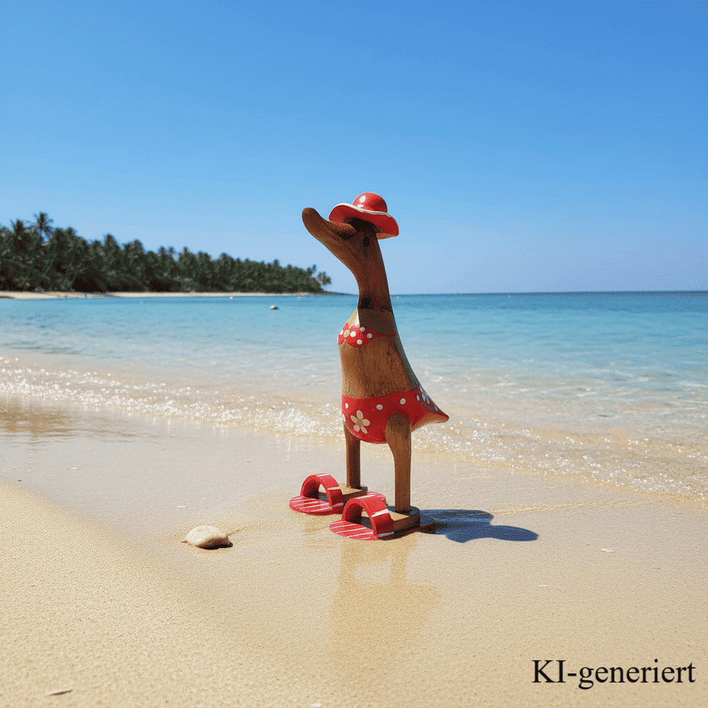 Ente aus Bambus im roten Blümchen Bikini, mit Flip Flops und Sonnenhut - Höhe ca. 25 cm. Wunderschöne Deko aus Bambuswurzel. Jedes Teil handgefertigt und ein Unikat. Ein Hingucker für Drinnen und Draußen. 
Ente im roten Blümchen Bikini mit Sonnenhut und Flip Flops - Farbe: natur / weiß / gelb / rot - Material: Bambus - 
Maße: Höhe 25 cm - Ursprung: Indonesien - Das Bild ist KI-generiert