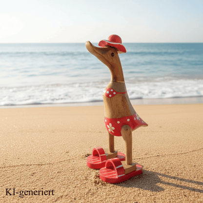 Ente aus Bambus im roten Blümchen Bikini, mit Flip Flops und Sonnenhut - Höhe ca. 25 cm. Wunderschöne Deko aus Bambuswurzel. Jedes Teil handgefertigt und ein Unikat. Ein Hingucker für Drinnen und Draußen. 
Ente im roten Blümchen Bikini mit Sonnenhut und Flip Flops - Farbe: natur / weiß / gelb / rot - Material: Bambus - 
Maße: Höhe 25 cm - Ursprung: Indonesien - Das Bild ist KI-generiert