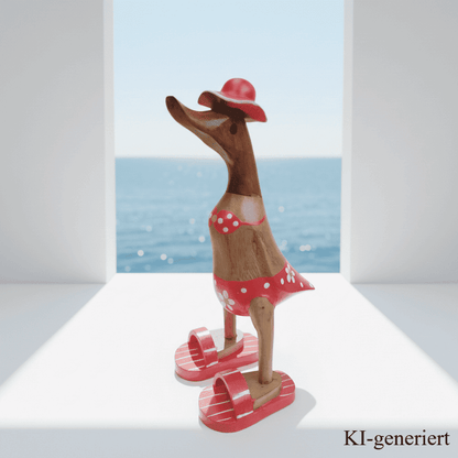 Ente aus Bambus im roten Blümchen Bikini, mit Flip Flops und Sonnenhut - Höhe ca. 25 cm. Wunderschöne Deko aus Bambuswurzel. Jedes Teil handgefertigt und ein Unikat. Ein Hingucker für Drinnen und Draußen. 
Ente im roten Blümchen Bikini mit Sonnenhut und Flip Flops - Farbe: natur / weiß / gelb / rot - Material: Bambus - 
Maße: Höhe 25 cm - Ursprung: Indonesien - Das Bild ist KI-generiert