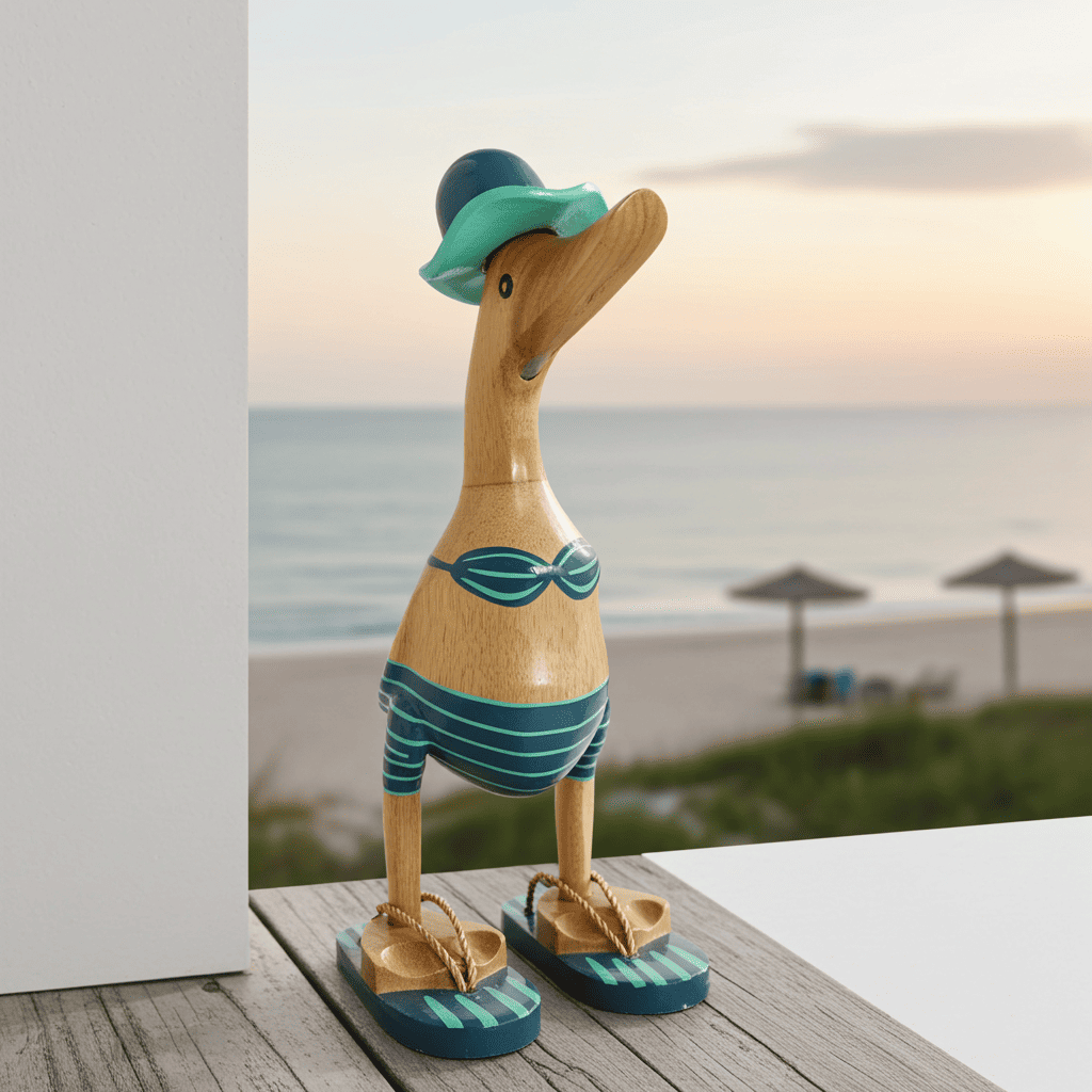 Ente aus Bambus - mit Bikini, Flip Flops und Sonnenhut in türkis / petrol und einer Höhe von 25 cm. Wunderschöne Deko aus Bambuswurzel. Jedes Teil handgefertigt und ein Unikat. Ein Hingucker für Drinnen und Draußen.