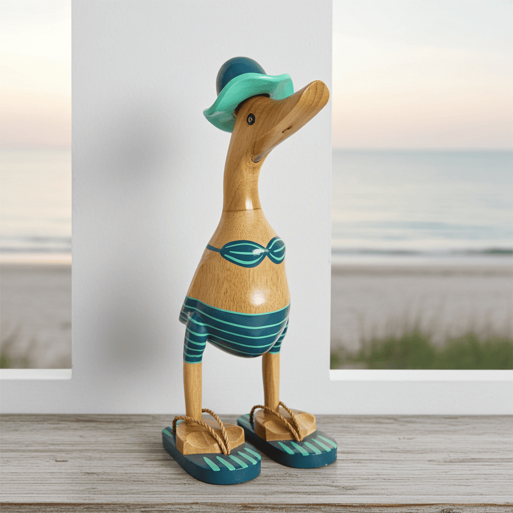 Ente aus Bambus - mit Bikini, Flip Flops und Sonnenhut in türkis / petrol und einer Höhe von 25 cm. Wunderschöne Deko aus Bambuswurzel. Jedes Teil handgefertigt und ein Unikat. Ein Hingucker für Drinnen und Draußen.