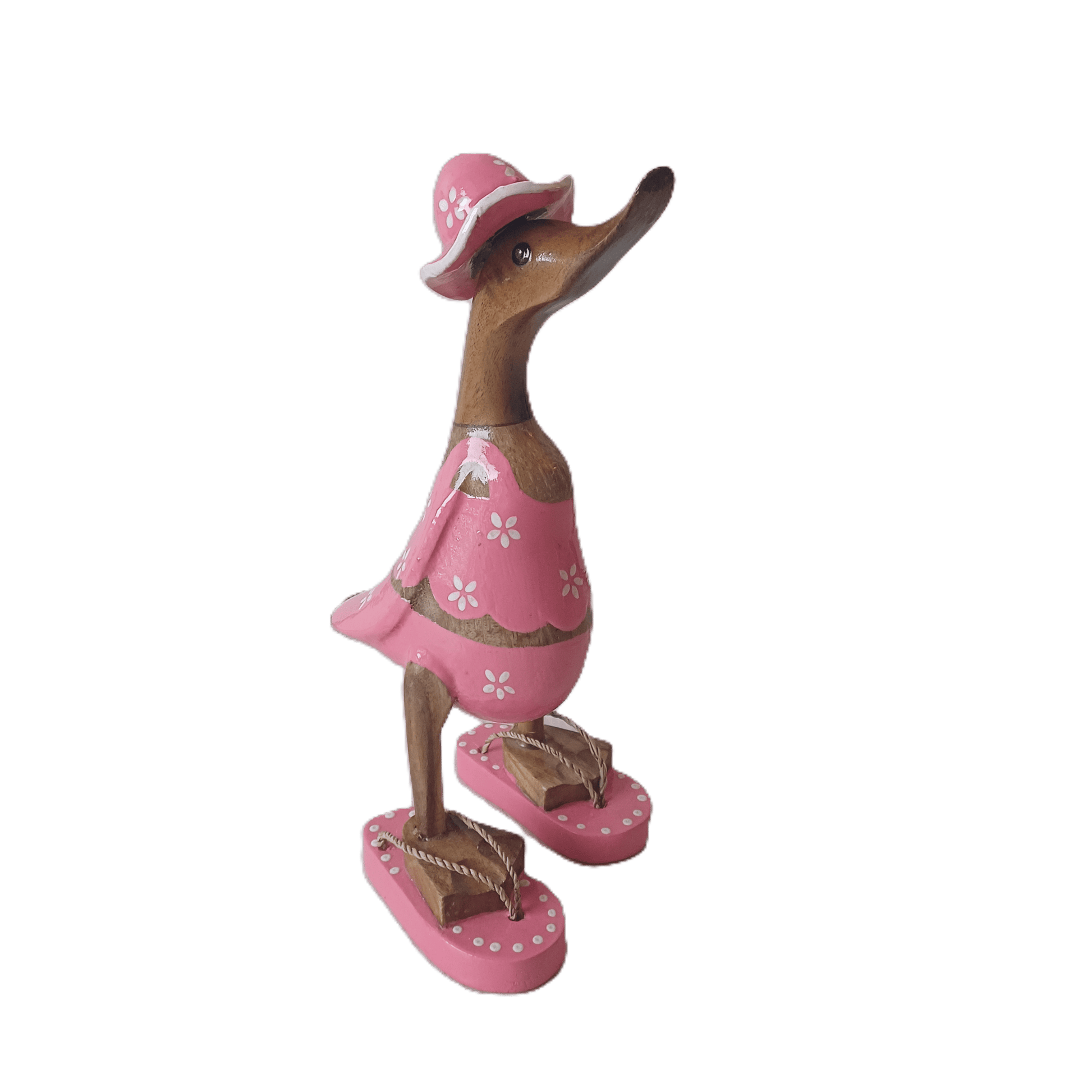 Ente aus Bambus im pinken Blümchen Kleid, mit Flip Flops und Sonnenhut - Höhe ca. 25 cm. 
Wunderschöne Deko aus Bambuswurzel. Jedes Teil handgefertigt und ein Unikat. Ein Hingucker für Drinnen und Draußen. 
Ente im pinken Blümchen Kleid mit Sonnenhut und Flip Flops - Farbe: natur / weiß / pink - Material: Bambus - Maße: Höhe 25 cm - Ursprung: Indonesien