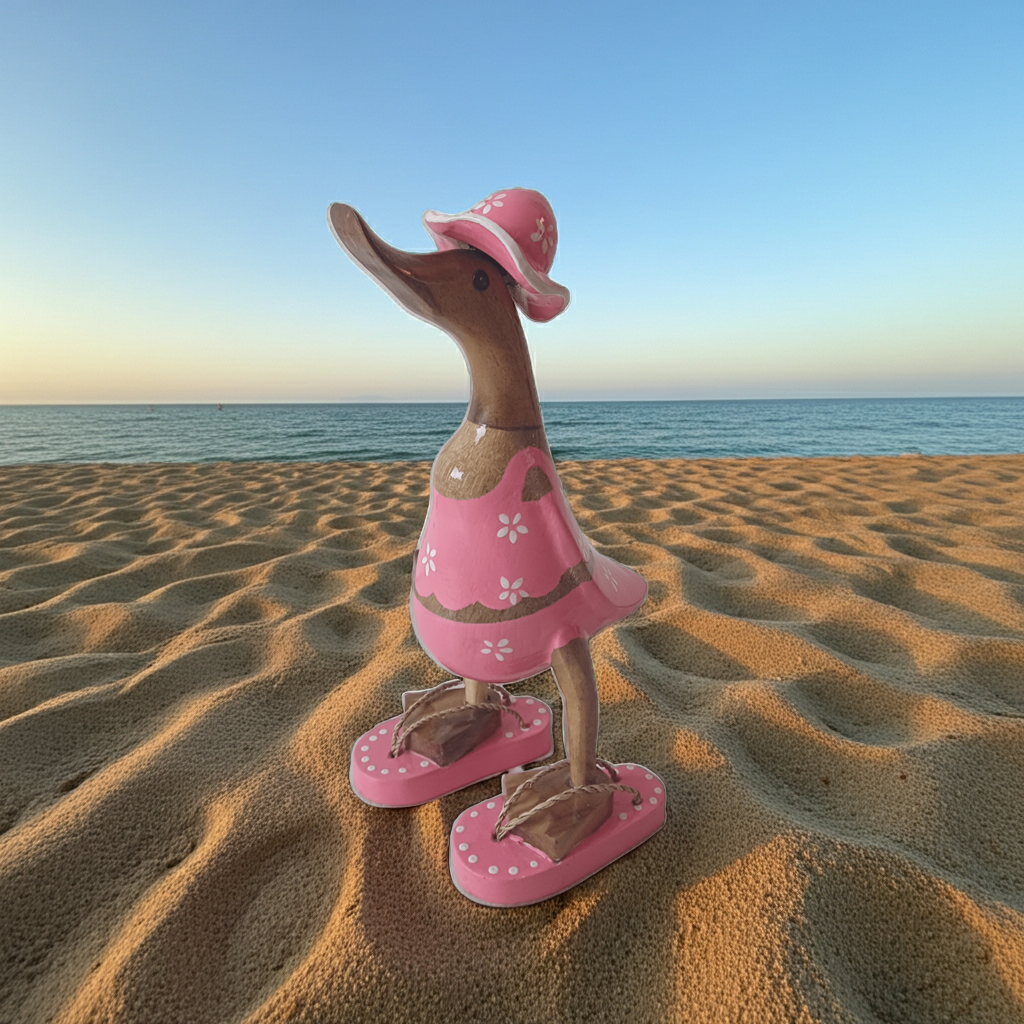 Ente aus Bambus im pinken Blümchen Kleid, mit Flip Flops und Sonnenhut - Höhe ca. 25 cm. 
Wunderschöne Deko aus Bambuswurzel. Jedes Teil handgefertigt und ein Unikat. Ein Hingucker für Drinnen und Draußen. 
Ente im pinken Blümchen Kleid mit Sonnenhut und Flip Flops - Farbe: natur / weiß / pink - Material: Bambus - Maße: Höhe 25 cm - Ursprung: Indonesien