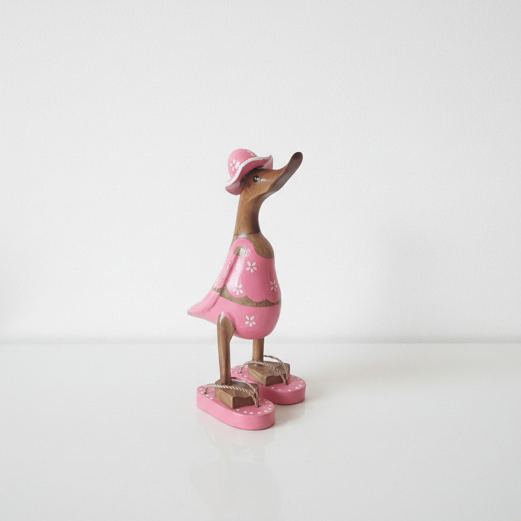 Ente aus Bambus im pinken Blümchen Kleid, mit Flip Flops und Sonnenhut - Höhe ca. 25 cm. 
Wunderschöne Deko aus Bambuswurzel. Jedes Teil handgefertigt und ein Unikat. Ein Hingucker für Drinnen und Draußen. 
Ente im pinken Blümchen Kleid mit Sonnenhut und Flip Flops - Farbe: natur / weiß / pink - Material: Bambus - Maße: Höhe 25 cm - Ursprung: Indonesien