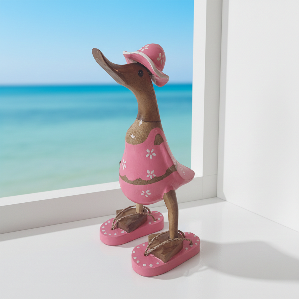 Ente aus Bambus im pinken Blümchen Kleid, mit Flip Flops und Sonnenhut - Höhe ca. 25 cm. 
Wunderschöne Deko aus Bambuswurzel. Jedes Teil handgefertigt und ein Unikat. Ein Hingucker für Drinnen und Draußen. 
Ente im pinken Blümchen Kleid mit Sonnenhut und Flip Flops - Farbe: natur / weiß / pink - Material: Bambus - Maße: Höhe 25 cm - Ursprung: Indonesien