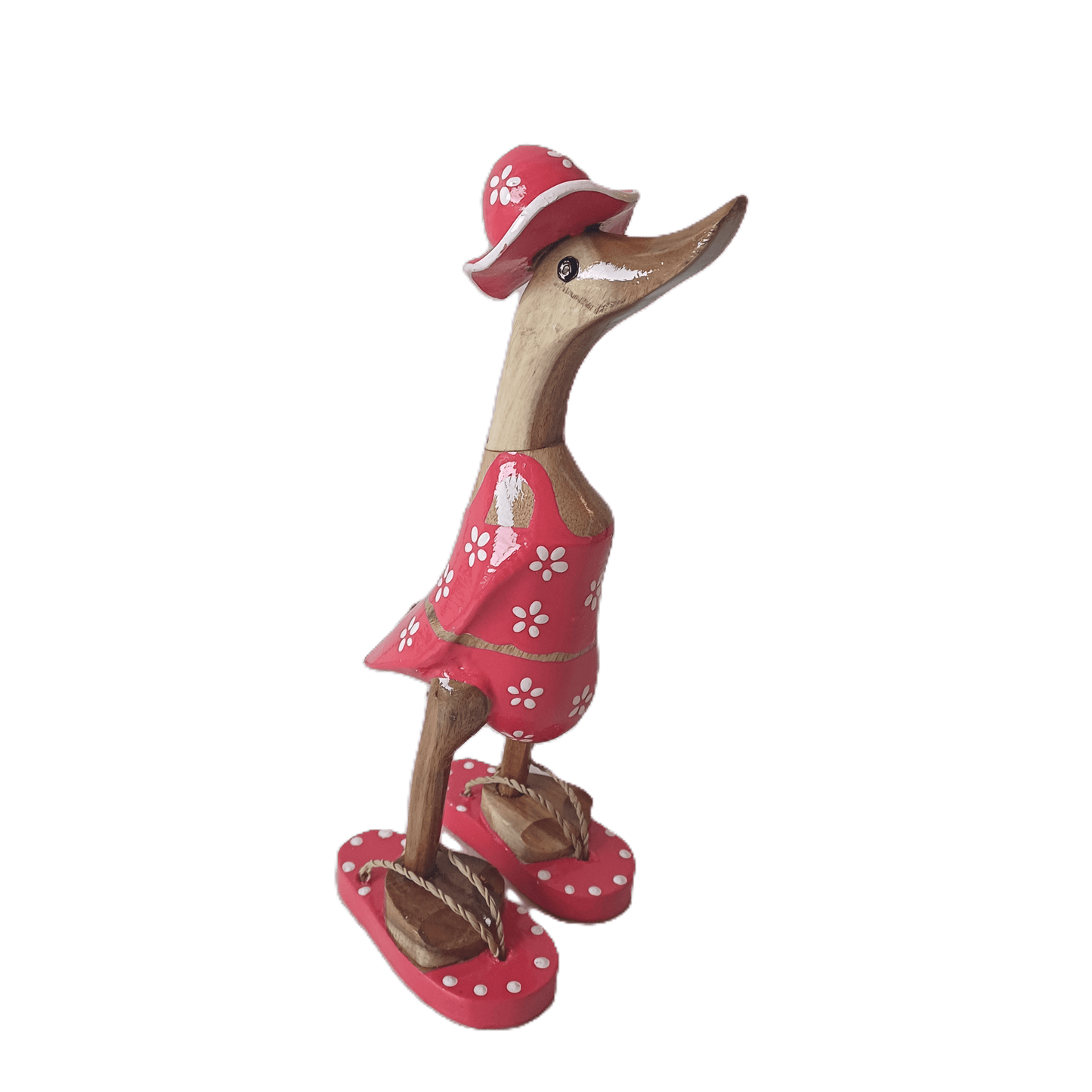 Ente aus Bambus im roten Blümchen Kleid, mit Flip Flops und Sonnenhut - Höhe ca. 25 cm. Wunderschöne Deko aus Bambuswurzel. Jedes Teil handgefertigt und ein Unikat. Ein Hingucker für Drinnen und Draußen. 
Ente im roten Blümchen Kleid mit Sonnenhut und Flip Flops - Farbe: natur / weiß / rot - Material: Bambus - Maße: Höhe 25 cm -Ursprung: Indonesien