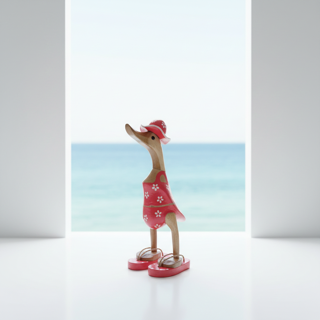 Ente aus Bambus im roten Blümchen Kleid, mit Flip Flops und Sonnenhut - Höhe ca. 25 cm. Wunderschöne Deko aus Bambuswurzel. Jedes Teil handgefertigt und ein Unikat. Ein Hingucker für Drinnen und Draußen. 
Ente im roten Blümchen Kleid mit Sonnenhut und Flip Flops - Farbe: natur / weiß / rot - Material: Bambus - Maße: Höhe 25 cm -Ursprung: Indonesien