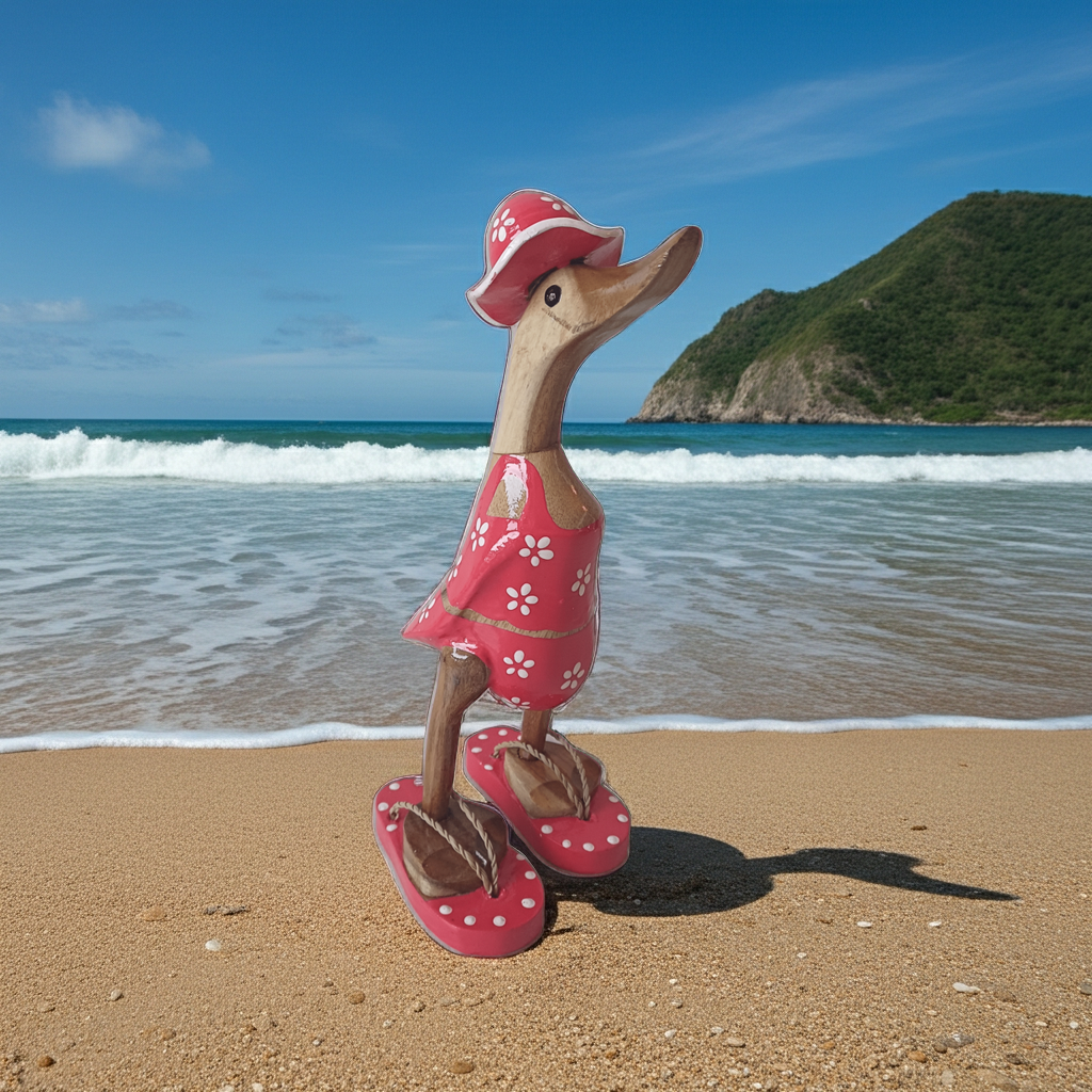 Ente aus Bambus im roten Blümchen Kleid, mit Flip Flops und Sonnenhut - Höhe ca. 25 cm. Wunderschöne Deko aus Bambuswurzel. Jedes Teil handgefertigt und ein Unikat. Ein Hingucker für Drinnen und Draußen. 
Ente im roten Blümchen Kleid mit Sonnenhut und Flip Flops - Farbe: natur / weiß / rot - Material: Bambus - Maße: Höhe 25 cm -Ursprung: Indonesien