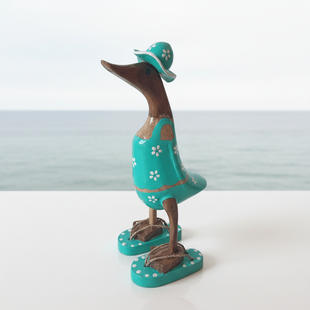 Ente aus Bambus im türkisen Blümchen Kleid, mit Flip Flops und Sonnenhut - Höhe ca. 25 cm. 
Wunderschöne Deko aus Bambuswurzel. Jedes Teil handgefertigt und ein Unikat. Ein Hingucker für Drinnen und Draußen. 
Ente im türkisen Blümchen Kleid mit Sonnenhut und Flip Flops - Farbe: natur / weiß / türkis - Material: Bambus - 
Maße: Höhe 25 cm - Ursprung: Indonesien