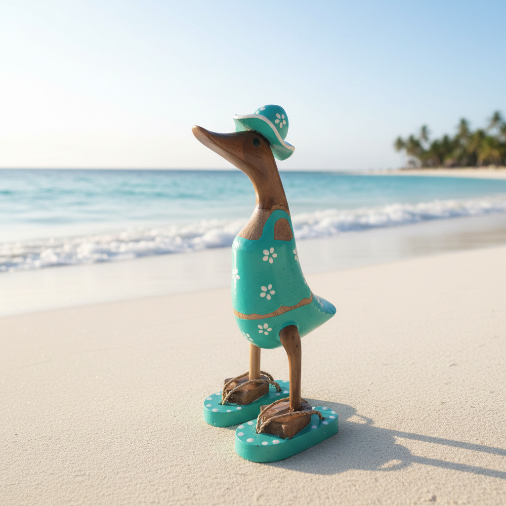 Ente aus Bambus im türkisen Blümchen Kleid, mit Flip Flops und Sonnenhut - Höhe ca. 25 cm. 
Wunderschöne Deko aus Bambuswurzel. Jedes Teil handgefertigt und ein Unikat. Ein Hingucker für Drinnen und Draußen. 
Ente im türkisen Blümchen Kleid mit Sonnenhut und Flip Flops - Farbe: natur / weiß / türkis - Material: Bambus - 
Maße: Höhe 25 cm - Ursprung: Indonesien