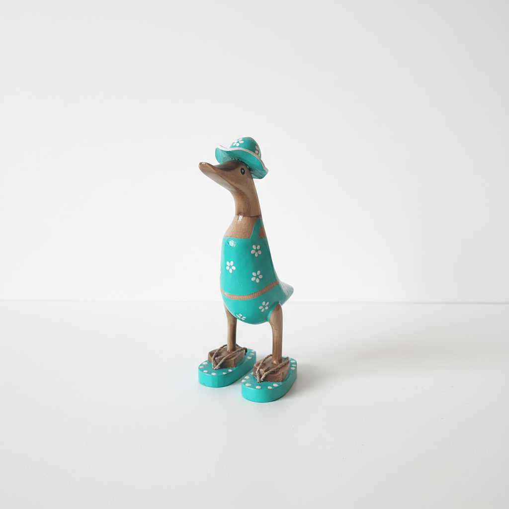 Ente aus Bambus im türkisen Blümchen Kleid, mit Flip Flops und Sonnenhut - Höhe ca. 25 cm. 
Wunderschöne Deko aus Bambuswurzel. Jedes Teil handgefertigt und ein Unikat. Ein Hingucker für Drinnen und Draußen. 
Ente im türkisen Blümchen Kleid mit Sonnenhut und Flip Flops - Farbe: natur / weiß / türkis - Material: Bambus - 
Maße: Höhe 25 cm - Ursprung: Indonesien