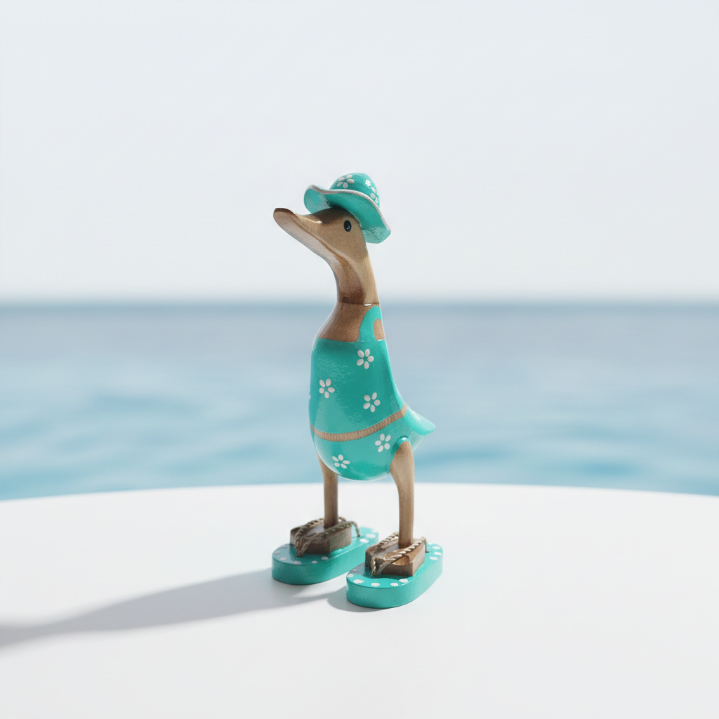 Ente aus Bambus im türkisen Blümchen Kleid, mit Flip Flops und Sonnenhut - Höhe ca. 25 cm. 
Wunderschöne Deko aus Bambuswurzel. Jedes Teil handgefertigt und ein Unikat. Ein Hingucker für Drinnen und Draußen. 
Ente im türkisen Blümchen Kleid mit Sonnenhut und Flip Flops - Farbe: natur / weiß / türkis - Material: Bambus - 
Maße: Höhe 25 cm - Ursprung: Indonesien