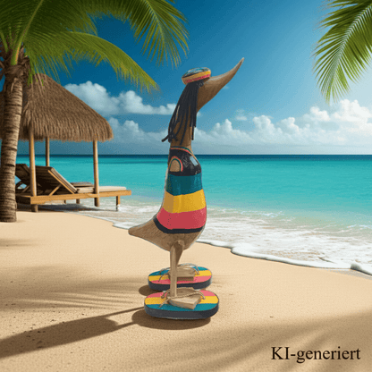 Ente aus Bambus im Rasta style mit Flip Flops und Rastacap - Höhe ca. 40 cm.
Wunderschöne Deko aus Bambuswurzel. Jedes Teil handgefertigt und ein Unikat. Ein Hingucker für Drinnen und Draußen.
Ente Rast mit Flip Flops und Rastacap
Farbe: natur / schwarz / gelb / rot / grün - Material: Bambus - Maße: Höhe ca. 40 cm - Ursprung: Indonesien - Das Bild ist KI-generiert
