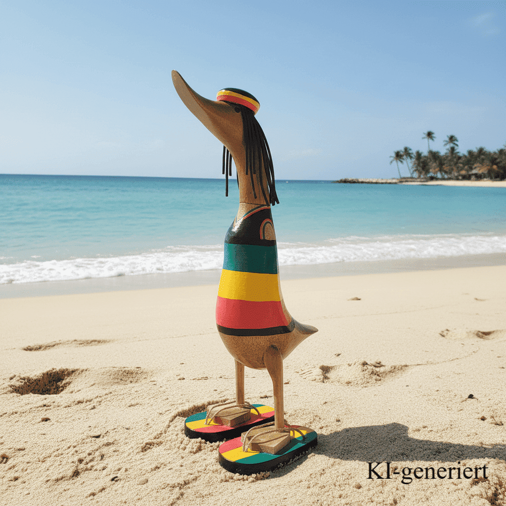 Ente aus Bambus im Rasta style mit Flip Flops und Rastacap - Höhe ca. 40 cm.
Wunderschöne Deko aus Bambuswurzel. Jedes Teil handgefertigt und ein Unikat. Ein Hingucker für Drinnen und Draußen.
Ente Rast mit Flip Flops und Rastacap
Farbe: natur / schwarz / gelb / rot / grün - Material: Bambus - Maße: Höhe ca. 40 cm - Ursprung: Indonesien - Das Bild ist KI-generiert