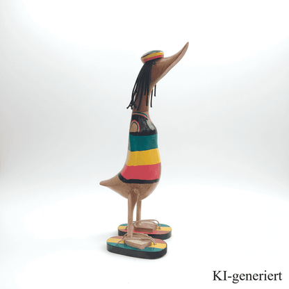 Ente aus Bambus im Rasta style mit Flip Flops und Rastacap - Höhe ca. 40 cm.
Wunderschöne Deko aus Bambuswurzel. Jedes Teil handgefertigt und ein Unikat. Ein Hingucker für Drinnen und Draußen.
Ente Rast mit Flip Flops und Rastacap
Farbe: natur / schwarz / gelb / rot / grün - Material: Bambus - Maße: Höhe ca. 40 cm - Ursprung: Indonesien - Das Bild ist KI-generiert