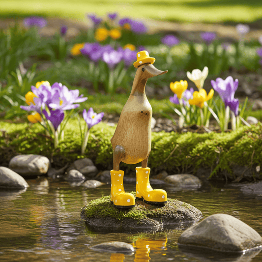 Ente aus Bambus mit gelben Stiefeln und Hut in einer Höhe von ca. 25 cm.
Wunderschöne Deko aus Bambuswurzel. Jedes Teil handgefertigt und ein Unikat. Ein Hingucker für Drinnen und Draußen