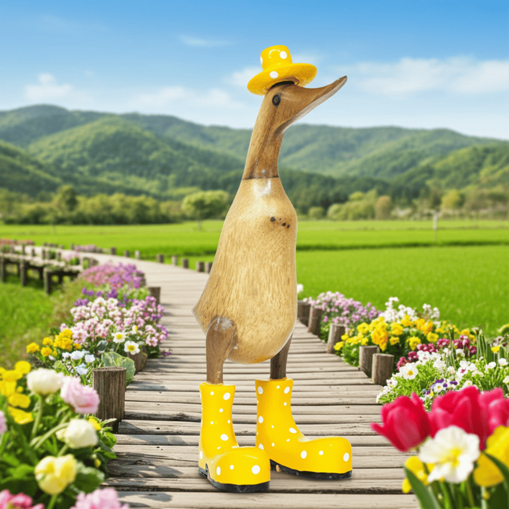 Ente aus Bambus mit gelben Stiefeln und Hut in einer Höhe von ca. 25 cm.
Wunderschöne Deko aus Bambuswurzel. Jedes Teil handgefertigt und ein Unikat. Ein Hingucker für Drinnen und Draußen