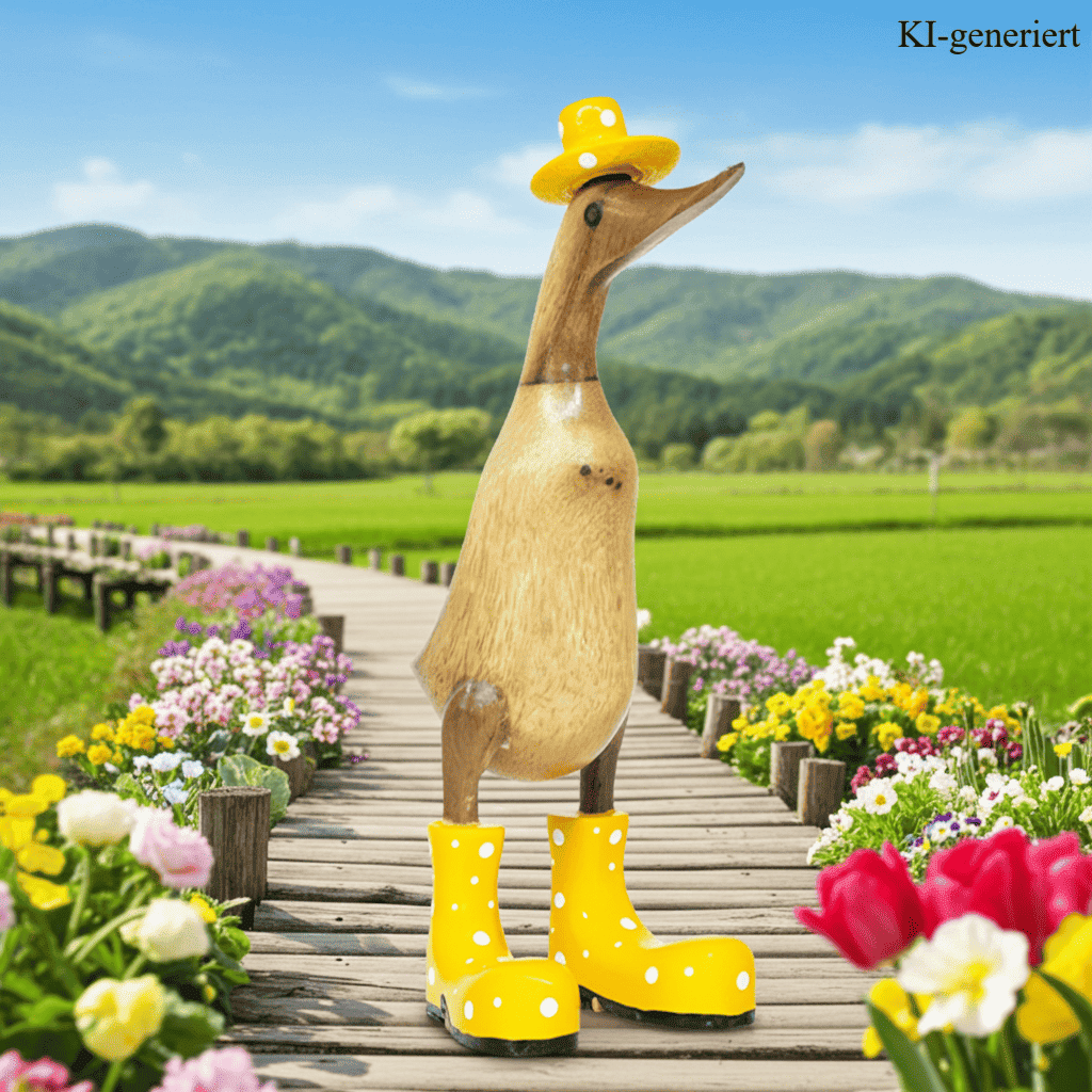 Ente aus Bambus mit gelben Stiefeln und Hut in einer Höhe von etwa 25 cm.
Jedes Teil handgefertigt und ein Unikat. Ein Deko Hingucker für Drinnen und Draußen.
Zudem stehen die Enten aus Bambus für Familie, Treue & Liebe und Holz für Wachstum. So macht es sie dadurch auch zu einem bedeutungsvollen Geschenk für einen lieben Menschen.
Ente mit Stiefeln + Hut / gelb
Farbe: natur / gelb
Material: Bambus / Holz
Maße: Höhe ca. 25 cm
Ursprung: Indonesien