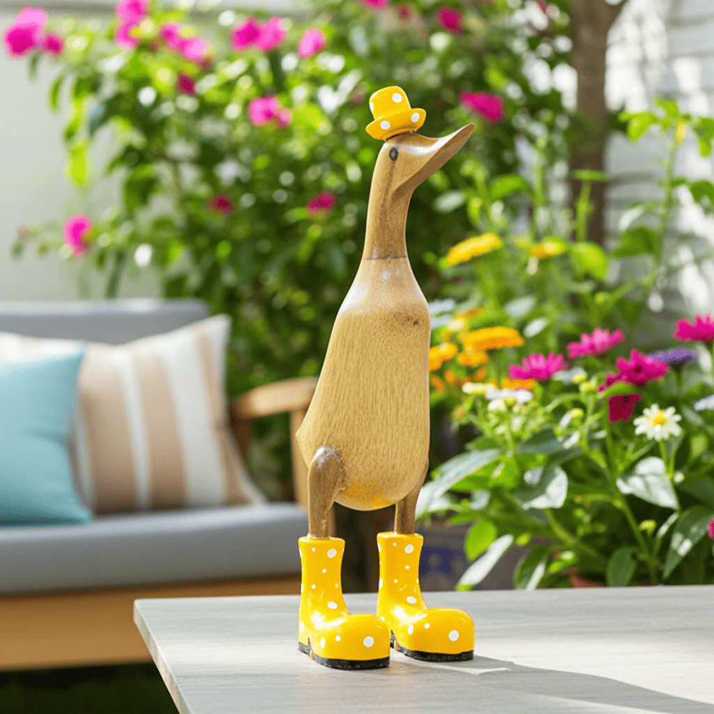 Ente aus Bambus mit gelben Stiefeln und Hut in einer Höhe von ca. 25 cm.
Wunderschöne Deko aus Bambuswurzel. Jedes Teil handgefertigt und ein Unikat. Ein Hingucker für Drinnen und Draußen