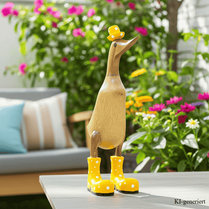Ente aus Bambus mit gelben Stiefeln und Hut in einer Höhe von etwa 25 cm.
Jedes Teil handgefertigt und ein Unikat. Ein Deko Hingucker für Drinnen und Draußen.
Zudem stehen die Enten aus Bambus für Familie, Treue & Liebe und Holz für Wachstum. So macht es sie dadurch auch zu einem bedeutungsvollen Geschenk für einen lieben Menschen.
Ente mit Stiefeln + Hut / gelb
Farbe: natur / gelb
Material: Bambus / Holz
Maße: Höhe ca. 25 cm
Ursprung: Indonesien