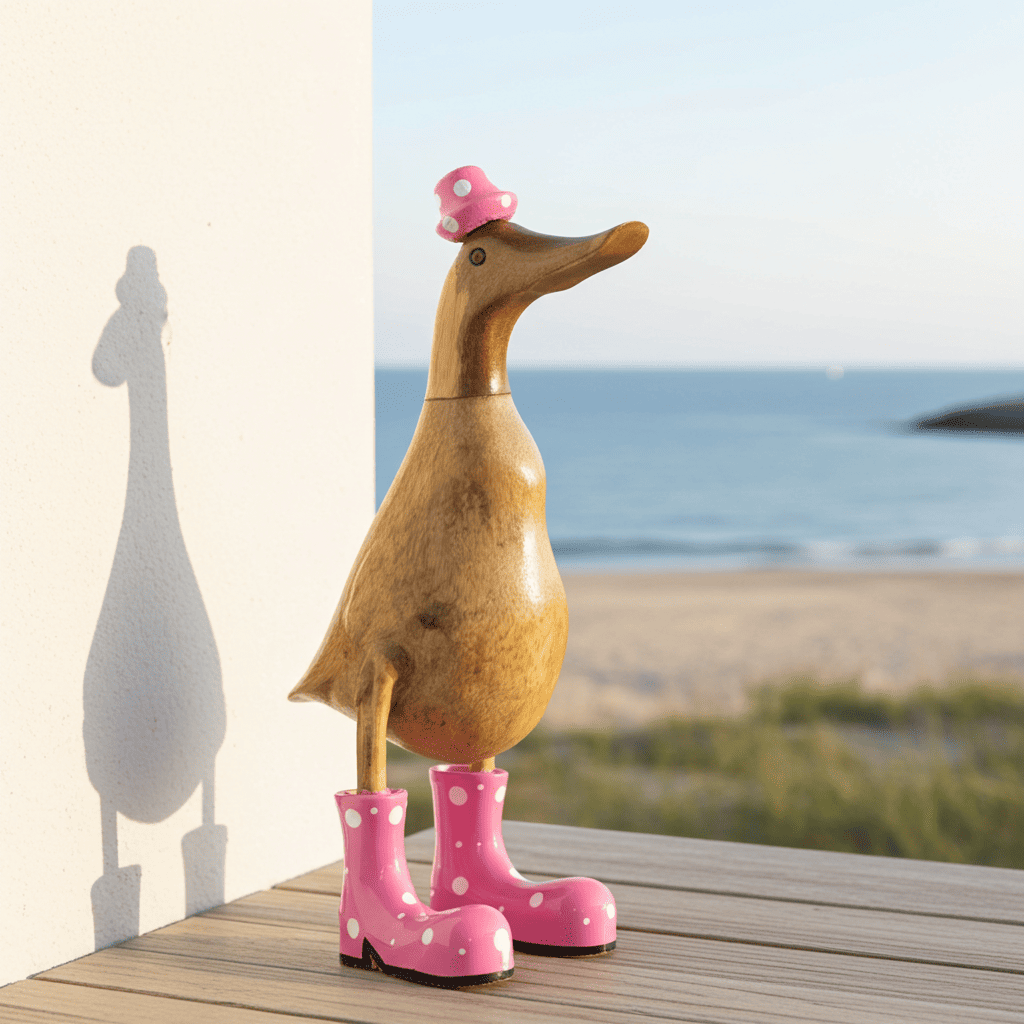 Ente aus Bambus mit rosa Stiefeln und Hut in einer Höhe von 25 cm. 
Wunderschöne Deko aus Bambuswurzel. Jedes Teil handgefertigt und ein Unikat. Ein Hingucker für Drinnen und Draußen.