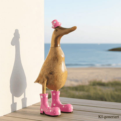 Ente aus Bambus mit rosa Stiefeln und Hut in einer Höhe von 25 cm.
Wunderschöne Deko aus Bambuswurzel. Jedes Teil handgefertigt und ein Unikat. Ein Hingucker für Drinnen und Draußen.
Zudem stehen die Enten aus Bambus für Familie, Treue & Liebe und Holz für Wachstum. So macht es sie dadurch auch zu einem bedeutungsvollen Geschenk für einen lieben Menschen.
Ente mit Stiefeln + Hut / rosa
Farbe: natur / rosa
Material: Bambus, Holz
Maße: Höhe 25 cm
Ursprung: Indonesien