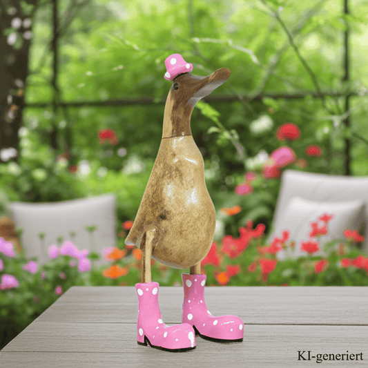 Ente aus Bambus mit rosa Stiefeln und Hut in einer Höhe von 25 cm.
Wunderschöne Deko aus Bambuswurzel. Jedes Teil handgefertigt und ein Unikat. Ein Hingucker für Drinnen und Draußen.
Zudem stehen die Enten aus Bambus für Familie, Treue & Liebe und Holz für Wachstum. So macht es sie dadurch auch zu einem bedeutungsvollen Geschenk für einen lieben Menschen.
Ente mit Stiefeln + Hut / rosa
Farbe: natur / rosa
Material: Bambus, Holz
Maße: Höhe 25 cm
Ursprung: Indonesien