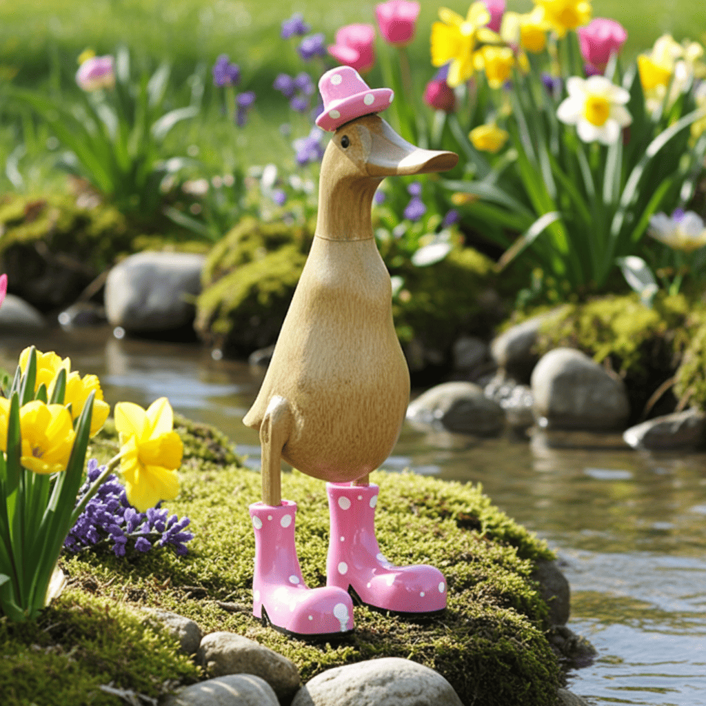 Ente aus Bambus mit rosa Stiefeln und Hut in einer Höhe von 25 cm. 
Wunderschöne Deko aus Bambuswurzel. Jedes Teil handgefertigt und ein Unikat. Ein Hingucker für Drinnen und Draußen.